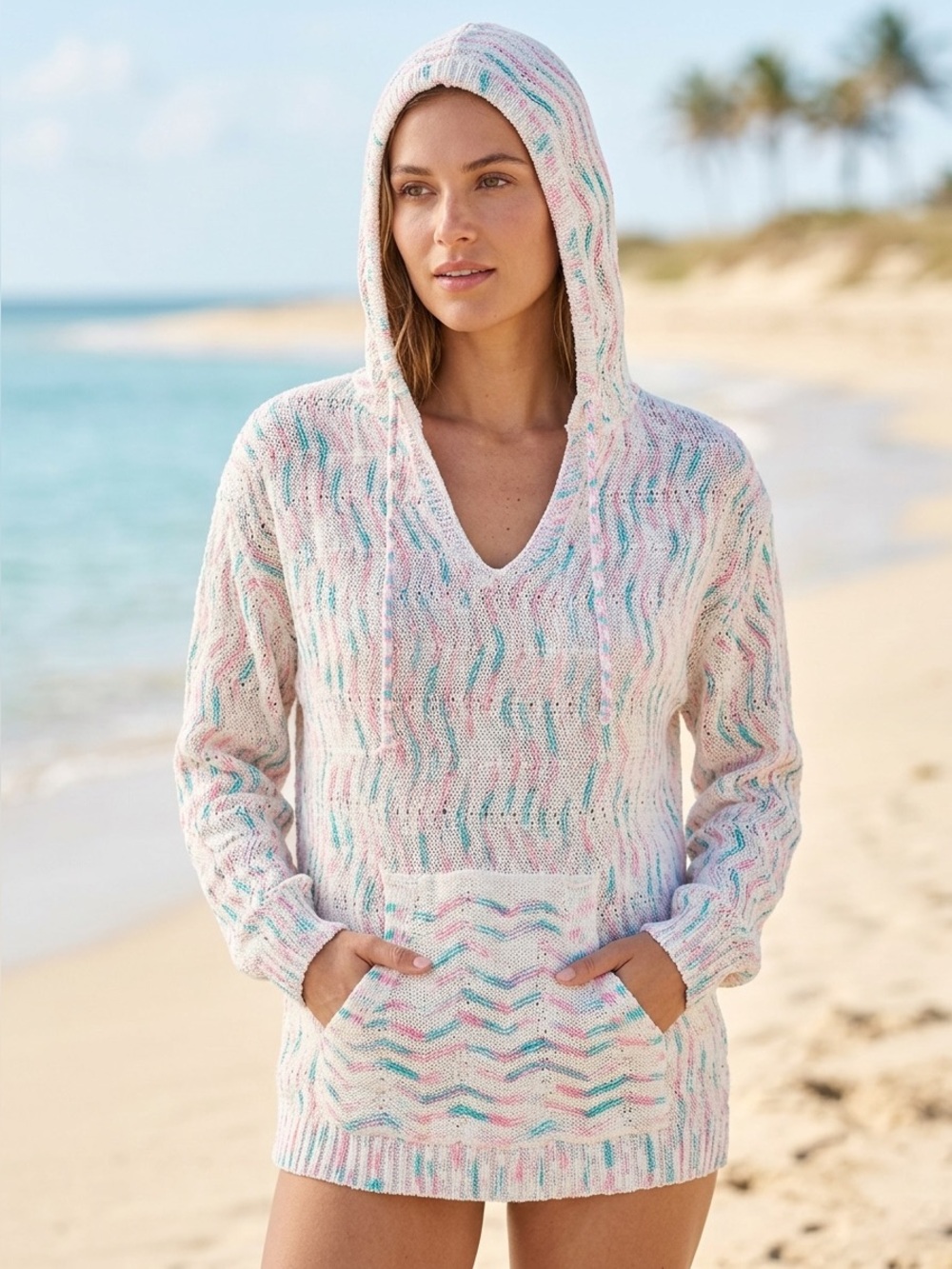 Cream Casual Hooded Beach Sweater